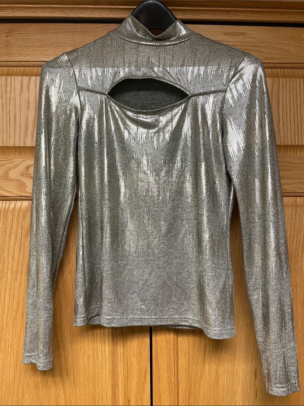 bebe Metallic Silver Long-Sleeve Cutout Top - Size Medium